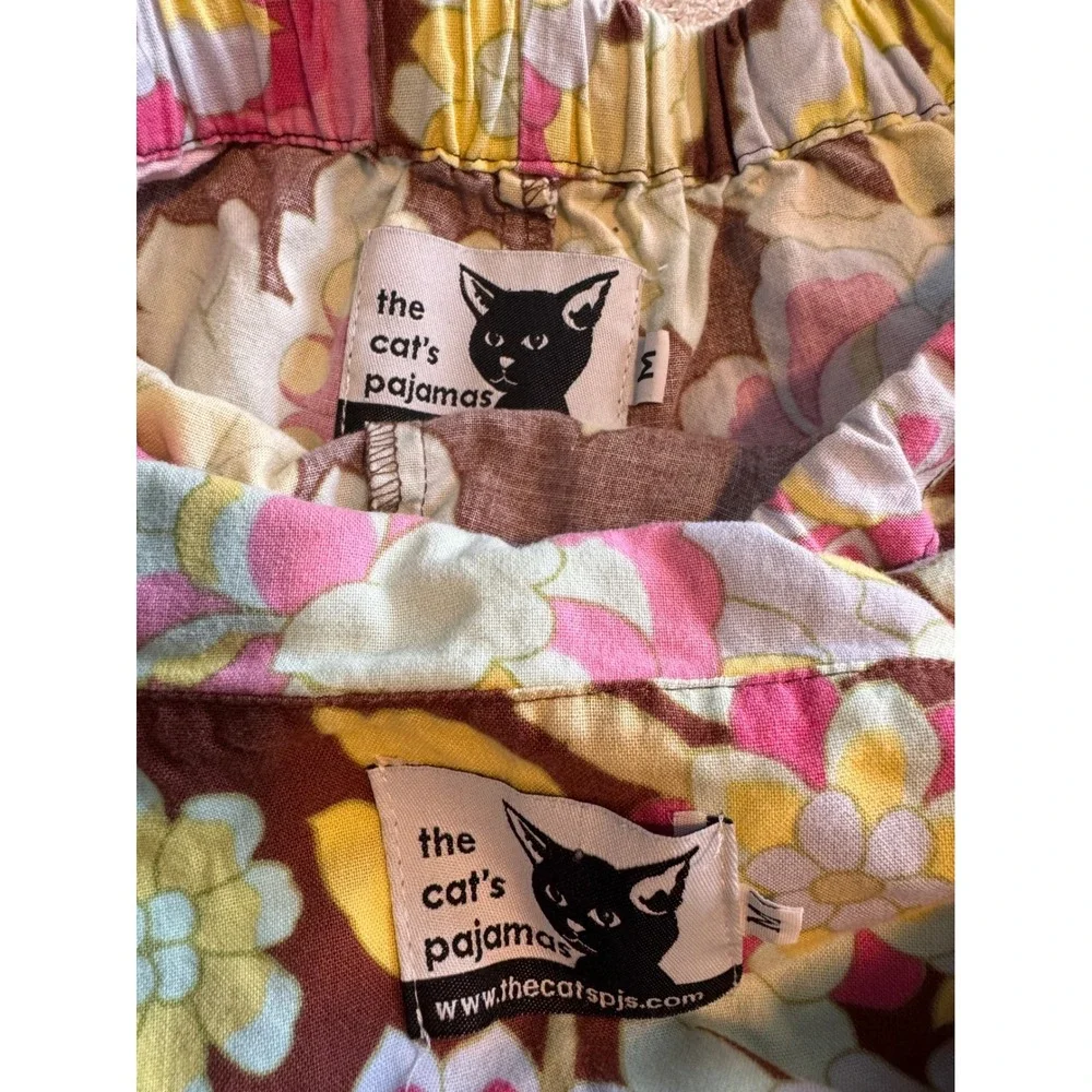 The Cat's Pajamas Pima Cotton Pajama Set Brown Retro Floral Lounge Set SZ M VTG
